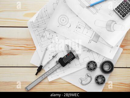 Engineering drawings of parts with tools, top view Stock Photo