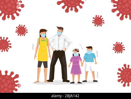 Dad Mom Daughter Son wearing protective medical mask to prevent coronavirus. Family wearing a surgical mask. Vector illustration. Stock Vector
