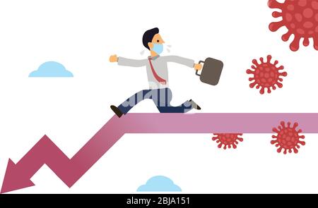 Businessman running on a downtrend arrow with infectious coronavirus isolated on a white background. Pandemic contagious outbreak impact on economy co Stock Vector