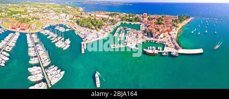 Novigrad Istarski historic Adriatic coastal town coast and marina aerial panoramic view, Istra region of Croatia