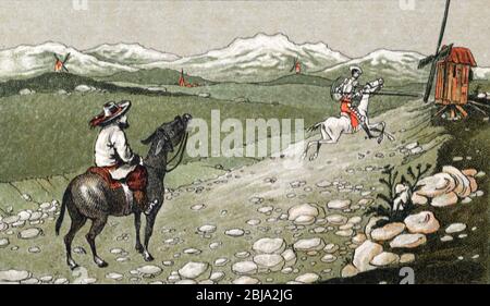Don Quixote, on his Horse Rocinante & his Squire Sancho Panza, Attacking a Windmill in Spain. Illustration c1910 Stock Photo