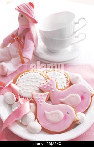 Delicious baby shower cookies, closeup Stock Photo