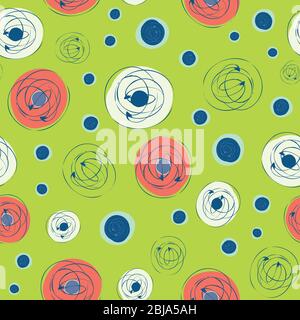 Scribbled ink grunge circle vector seamless pattern background. Retro hand drawn brush stroke swirls green backdrop. Bold abstract repeat design Stock Vector