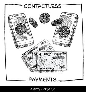 Design concept of economic and financial poster with smartphones, coins, money and credit cards Text Contactless payments Sketch style Stock Vector
