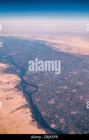 Aerial airplane view of Nile river valley and the surrounding Sahara desert in Egypt Stock Photo