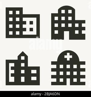 Four buildings minimal icons: offices, apartments, city, hospital. Stock Vector