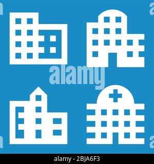 Four buildings minimal icons: offices, apartments, city, hospital. Stock Vector