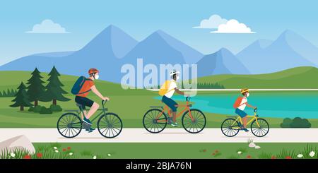 Happy traveling family spending time outdoors, they are cycling together in nature and wearing protective face masks Stock Vector