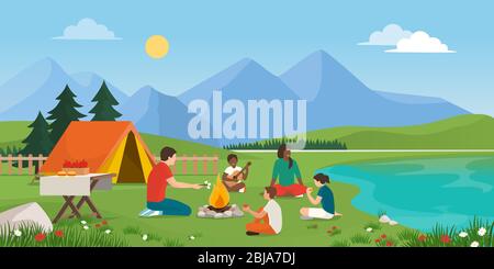 Happy family camping together in nature, they are sitting around a fire, eating together and having fun Stock Vector