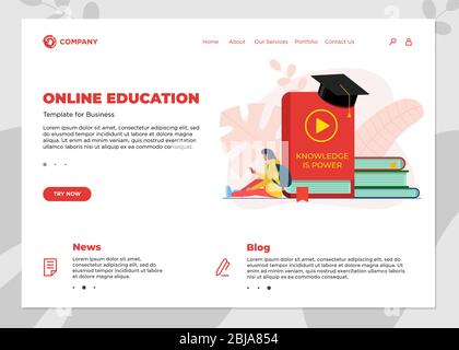 Online education course landing page template. E-learning web design mock up with student female and many books. Remote learning and internet studying knowledge webinar vector concept illustration Stock Vector