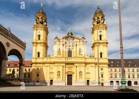 Front view of Theatinerkirche (Theatine Church of St. Cajetan). Catholic church, inaugurated 1675. Baroque architecture. Famous church in Munich. Stock Photo