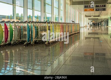 Munich, Germany - April 23th 2020: Empty and abandoned Munich Airport Franz Josef Strauss during Corona pandemic Stock Photo