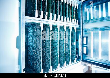 Close-up of microcircuit board for server computer, blue color Stock Photo