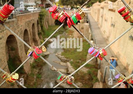 Colorful Padlocks on the Bridge of Lovers, Old Tbilisi, Georgia Stock Photo