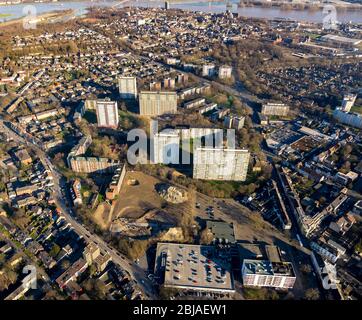 large housing estate Wohnpark Hochheide, Weisse Riesen, preparation for demolition work, 07.02.2020, aerial view, Germany, North Rhine-Westphalia, Ruhr Area, Duisburg Stock Photo