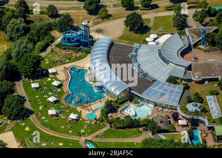 , Spa and swimming pools at the swimming pool of the leisure facility Freizeitbad Heveney in Witten, 19.07.2016, aerial view, Germany, North Rhine-Westphalia, Ruhr Area, Witten Stock Photo