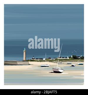 Illustration of a colorful fisherman's boats in Brittany France - vector illustration (Ideal for printing on fabric or paper, poster or wallpaper, hou Stock Vector