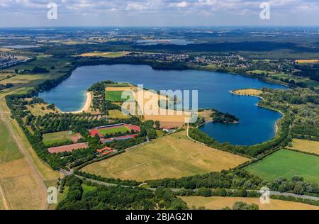 quarry pond lake Auesee in Wesel, 01.08.2019, Luftbild, Germany, North Rhine-Westphalia, Ruhr Area, Wesel Stock Photo