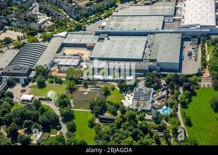 exhibition halls of Messe Essen, In the foreground is the Gruga park, Gruga thermae, 23.06.2016, aerial view, Germany, North Rhine-Westphalia, Ruhr Area, Essen Stock Photo