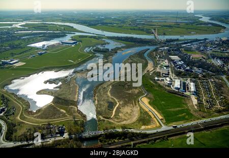 renaturated mouth of Lippe in river Rhine, 01.04.2019, aerial view, Germany, North Rhine-Westphalia, Ruhr Area, Wesel Stock Photo
