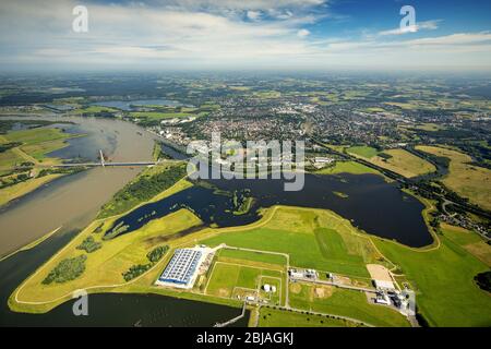 Landscapes of the redesigned lip opening space in the flux flow of the Rhine with the oil port and premises of the logistic Schwerlast Terminal Niederrhein GmbH in Wesel, 23.06.2016, aerial view, Germany, North Rhine-Westphalia, Ruhr Area, Wesel Stock Photo