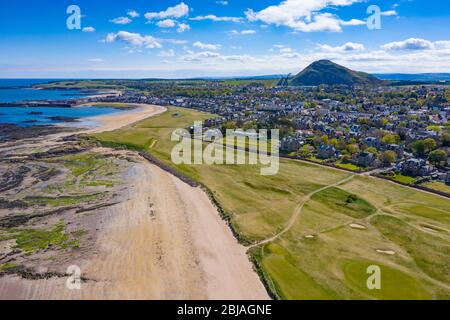 Aerial view of North Berwick beach and North Berwick Golf Club, East Lothian, Scotland, UK Stock Photo