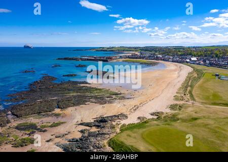 Aerial view of North Berwick beach and North Berwick Golf Club, East Lothian, Scotland, UK Stock Photo