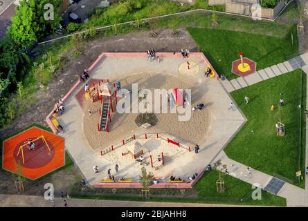 Playground with sandy area in a residential area on Feldahornstrasse in Gelsenkirchen, 26.05.2016, aerial view, Germany, North Rhine-Westphalia, Ruhr Area, Gelsenkirchen Stock Photo