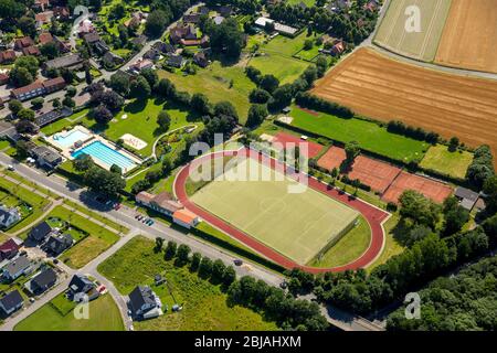 Sports fields of TuS Sythen and openair pool in Haltern, 02.07.2016, aerial view, Germany, North Rhine-Westphalia, Haltern am See Stock Photo