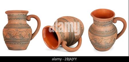 Collection clay jugs from different angles isolated on white background Stock Photo