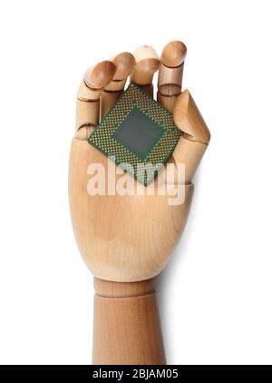 Wooden hand holding processor on white background Stock Photo