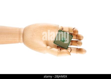 Wooden hand holding processor on white background Stock Photo