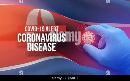 COVID-19 alert, coronavirus disease - letter typography text. Medical virus molecular concept with flag of North Korea. 3D illustration. Stock Photo