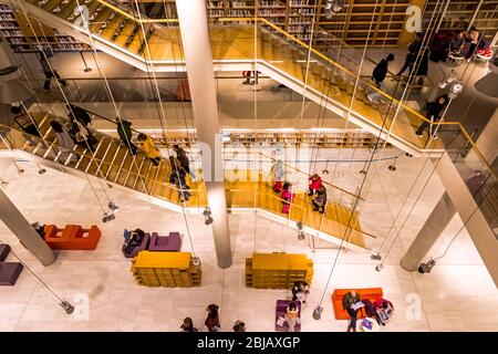 Athens, Greece - December 15, 2019: Interiors of the new building of National Library of Greece in Stavros Niarchos Foundation Cultural Center (SNFCC) Stock Photo