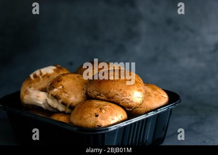 Set of brown mushrooms in a black box on a gray background Stock Photo