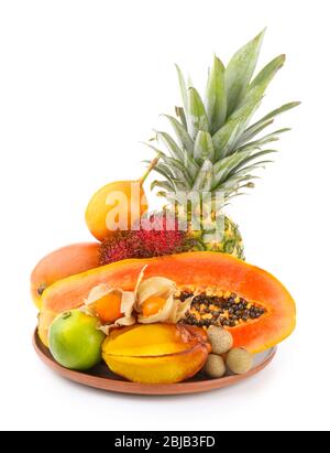 Exotic fruits in a bowl isolated on white Stock Photo