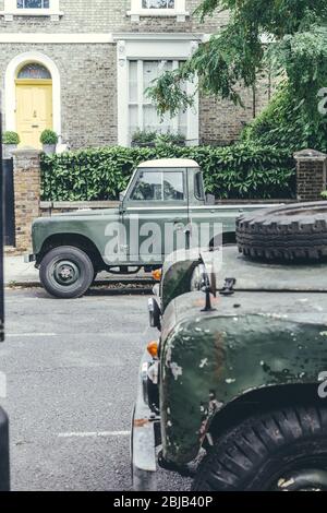 London/UK-30/7/18: Land Rover Series, an off-road vehicle produced by the British manufacturer Rover Company. The Land Rover was the first mass-produc Stock Photo