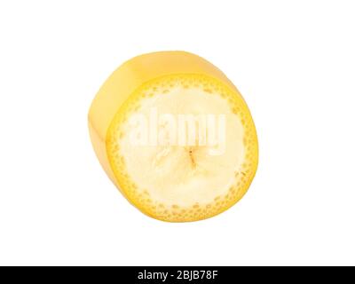 One banana slice, unpeeled. Isolated on white background with clipping path. Extreme close up, studio shoot. Stock Photo
