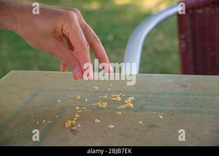 Feeding birds: man's hand dropping crumbles on the table of a terrace. Stock Photo