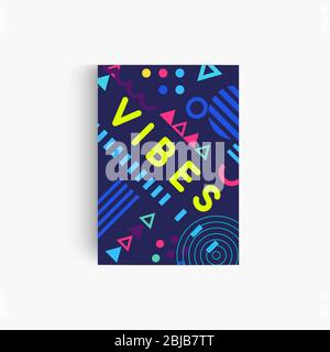good vibes poster template, art creative pattern on dark blue background, memphis style, vertical modern poster with place for text, vector Stock Vector