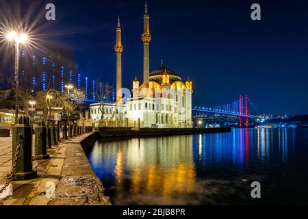Istanbul landscape at night. Ortakoy Mosque and bosphorus bridge Stock Photo