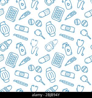 Vector seamless pattern with healthcare, medicine and pharmacy icons and symbols. Medical background doodle Stock Vector