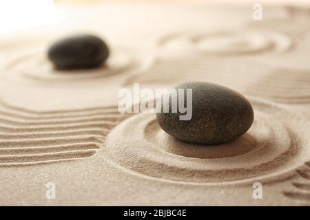 Japanese Zen garden. Pebbles on a sand Stock Photo