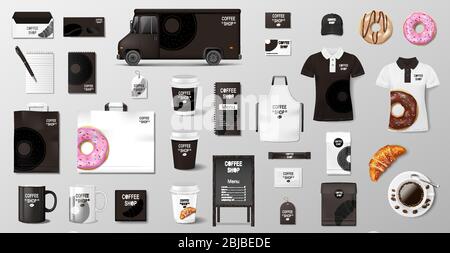 Realistic mockup for Bakery shop, Restaurant, Cafe. Corporate style Bakery food package mockup. Set of cup, pack, uniform, shirt, donut, croissant Stock Vector