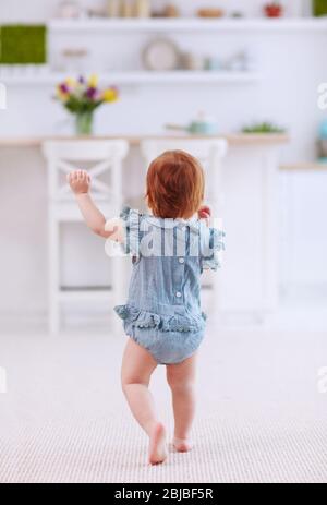 first steps of cute little baby girl in bodysuit walking away, on the carpet at home Stock Photo