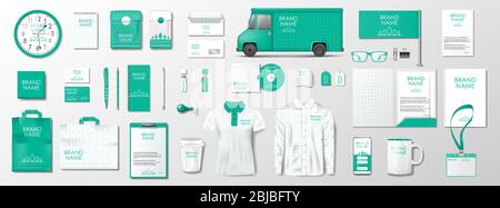 Corporate Brand Identity Mockup. Green color template design for organic shop. Realistic stationary, brochure, shirt, delivery van, mug blank mockup Stock Vector