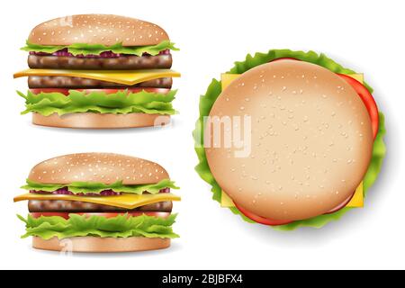 Attractive Burger for your design, delicious cheeseburger mockup side and top view. Realistic Burger with refreshing ingredients. 3d Vector Stock Vector