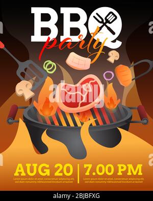 BBQ party invitation ,card or poster template with grill and food flyer vector flat style illustration. Stock Vector
