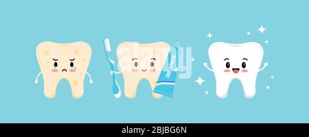 Cute tooth with yellow plaque becomes white and healthy tooth with help of toothpaste, toothbrush. Flat design cartoon kawaii emoji character vector i Stock Vector