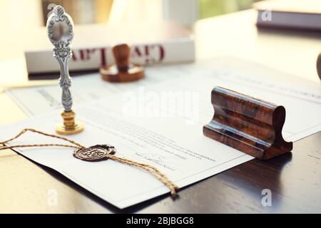 Old notarial wax seal and stamp, closeup Stock Photo